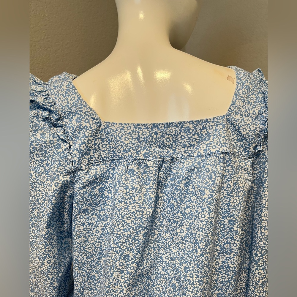 J. CREW Women’s Blue & White LS Squareneck Ruffle Floral Print Top Blouse Size M - Picture 6 of 13